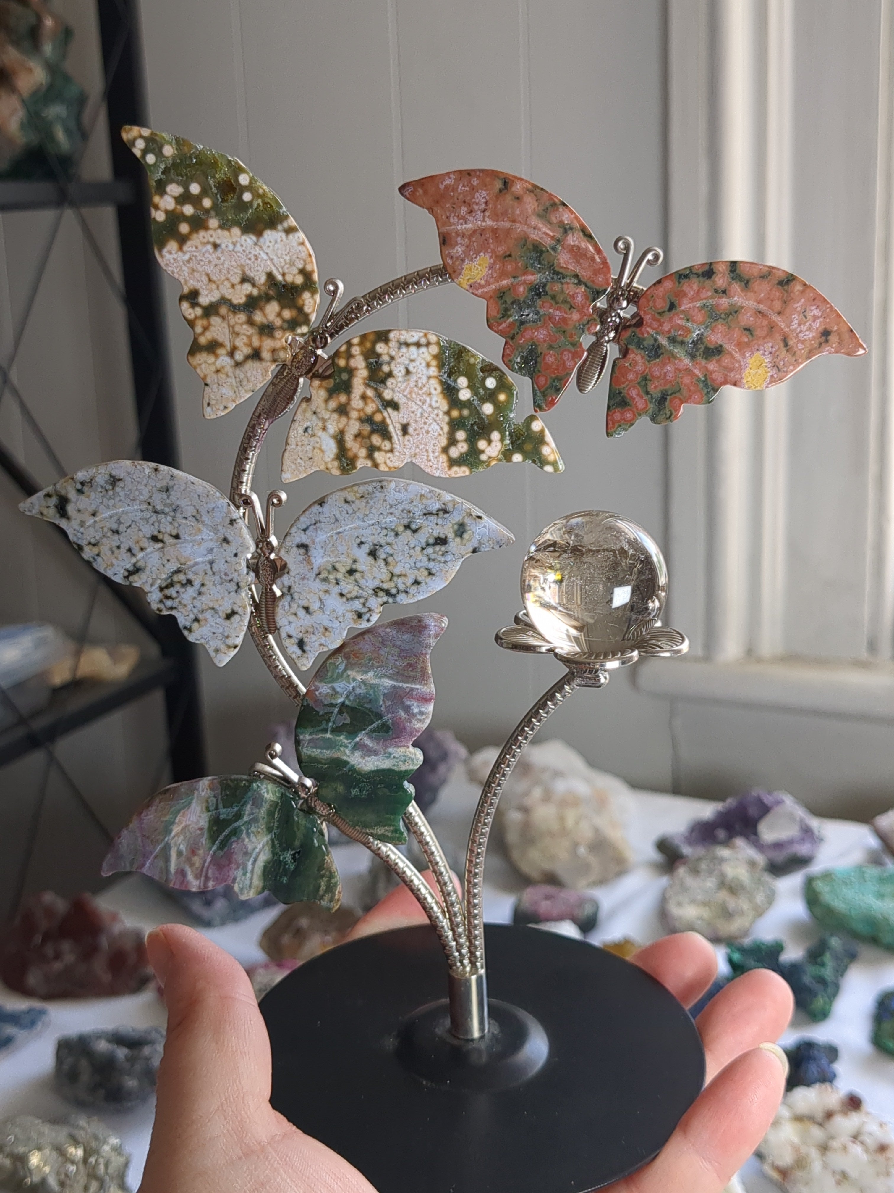 4 butterfly ocean jasper stand with small crystal sphere holder